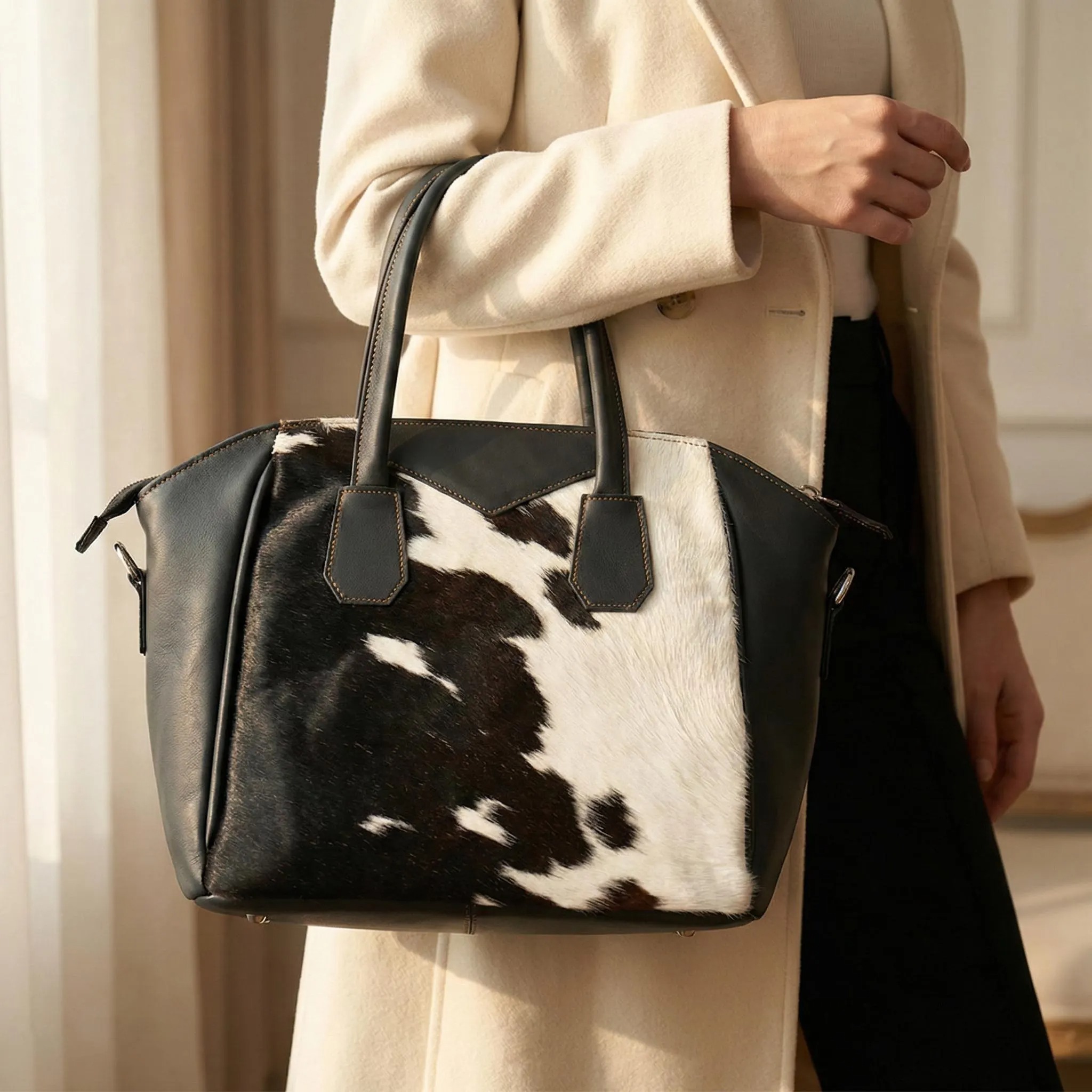 Cowhide Patchwork Leather Satchel