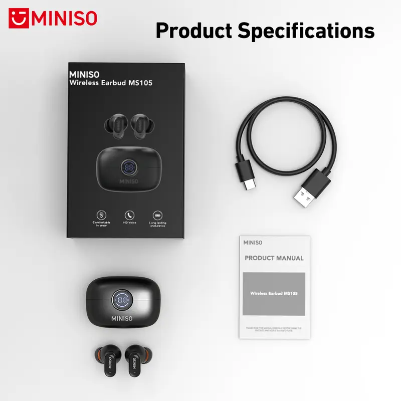 MINISO MS105 TWS Wireless Earbuds Bluetooth 6.0 IPX5 Waterproof In Ear Headphones with LED Digital Charging Case Built-in Mic for Sports Office