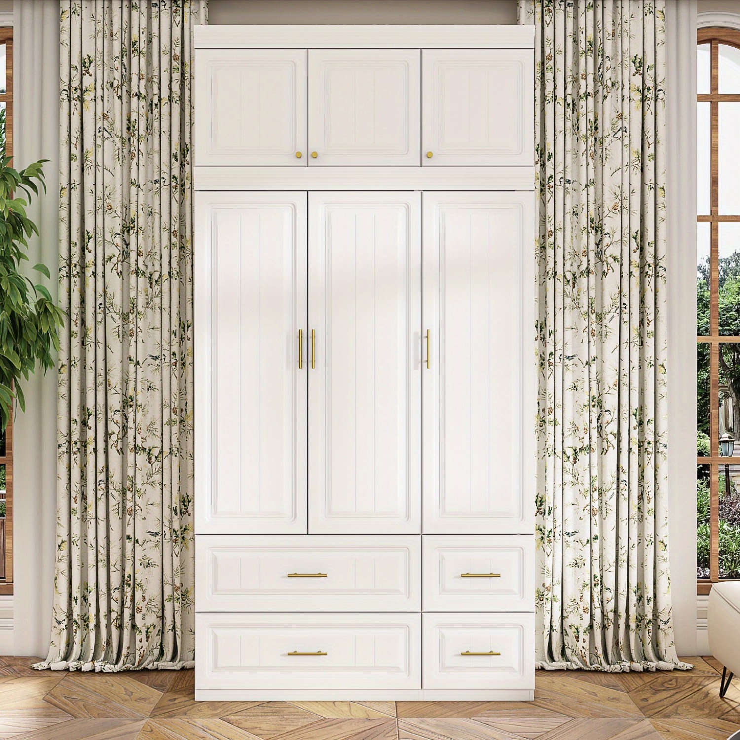 Elegant 3-door wardrobe with 4 drawers and storage shelves, featuring cabinet doors and a hanging rod, modern tall wardrobe suitable for the bedroom, white