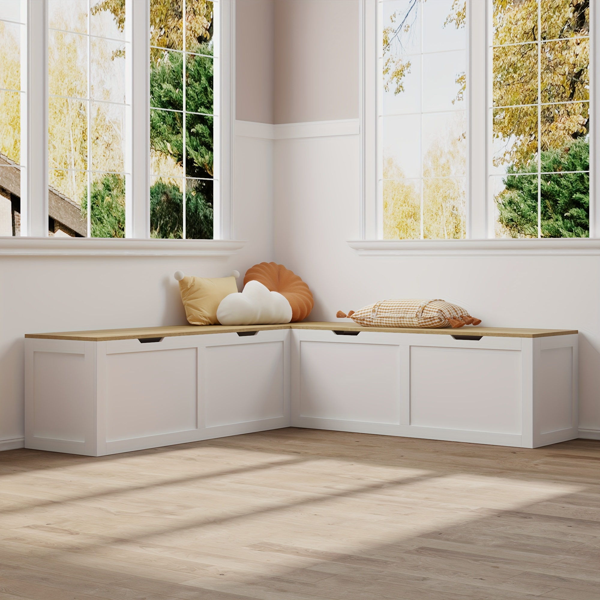 Multifunctional corner shoe bench with flip-top storage cabinet, modern design, white and wood color