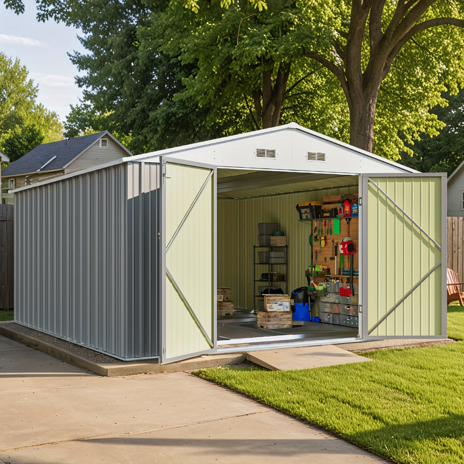 GUNJI 10 X 12 FT Metal Garden Storage Shed| Durable outdoor storage shed with sliding doors, waterproof and suitable for tools, equipment, bicycles