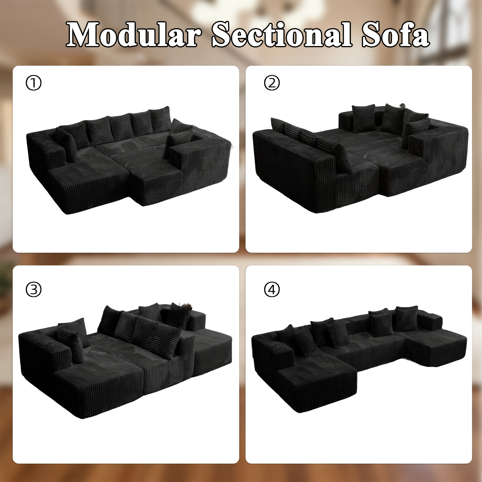 132inch Modular sofa, U-shaped corduroy sofa, frameless compressed corduroy sofa, easy to assemble, modern living room sofa bed, suitable for living room sofa sets, space-saving design, convertible