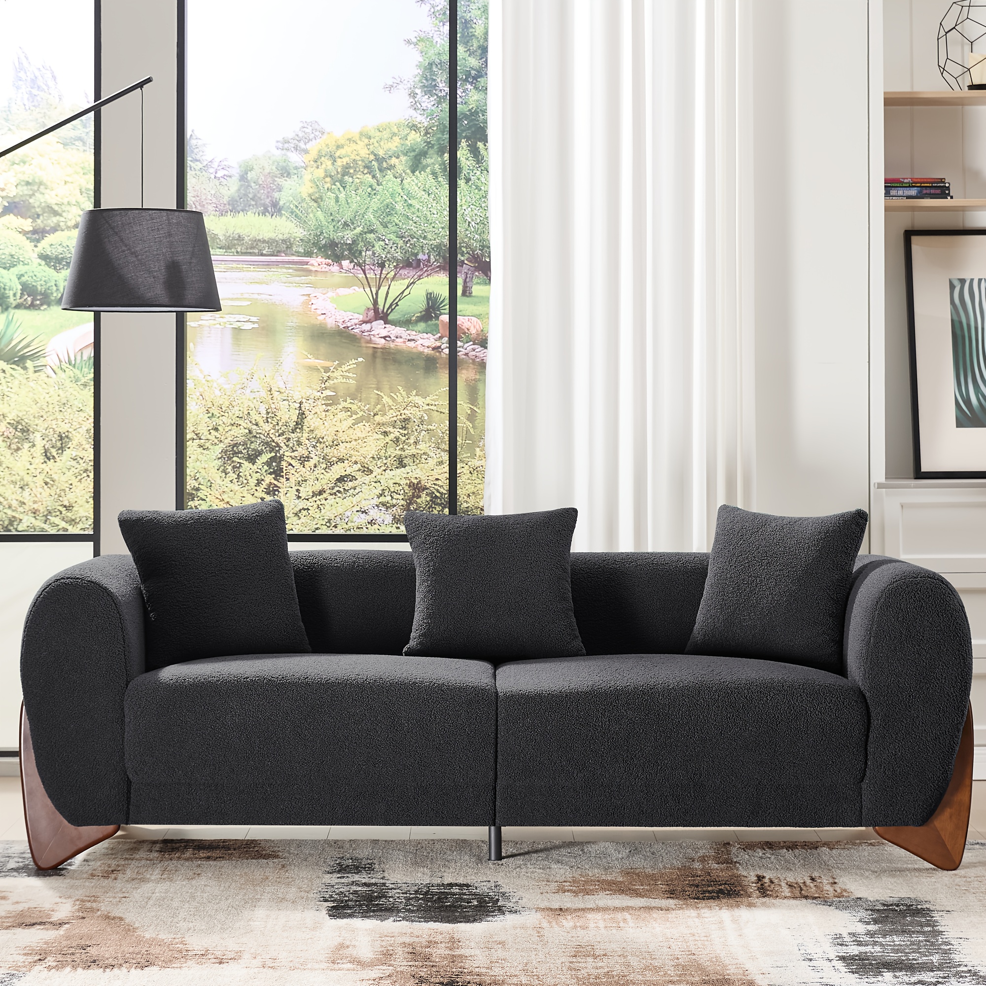 87inch Chenille fabric modern three-seater sofa, solid wood sofa legs, 25inch thickened seat cushions, comfortable and thickened soft padding, comes with 3 throw pillows, suitable for the living room, green