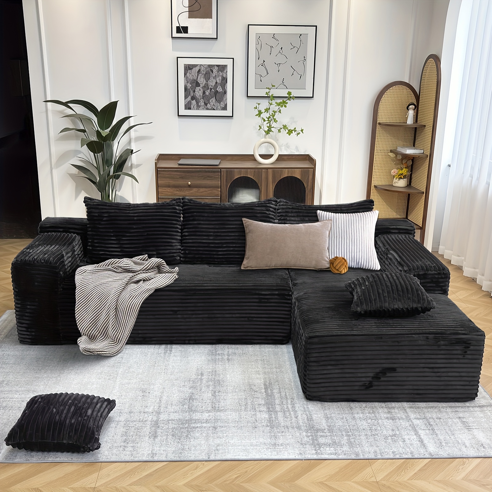 104inch Modern L-shaped modular sofa, featuring faux rabbit fur fabric, foam filling, and a deep seat design – suitable for apartments, modular sofa, modern/contemporary style decor (gray)