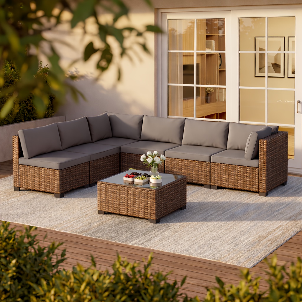 WR710-G outdoor rattan sofa table and chair set, outdoor rattan sofa seven-piece set