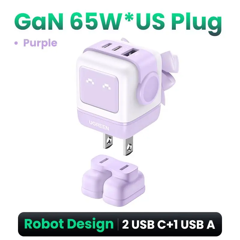 UGREEN Uno Robot 65W GaN Wall Charger, 3-Port 2C1A PD3.0 PPS Fast Charging Power Adapter, US Plug Travel Charger for iPhone 17/16/15, Samsung S24, MacBook Air, iPad