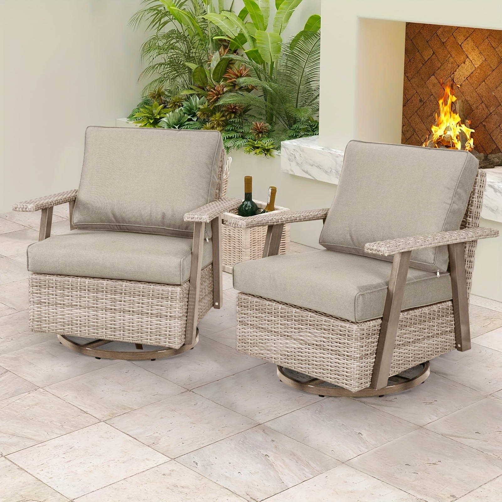 Large 360-degree swivel outdoor rocking chair set of 2, extra-large rocking chair set of 2, PE woven rattan rocking chair set of 2 suitable for placement in courtyards, corridors, indoors, and other places