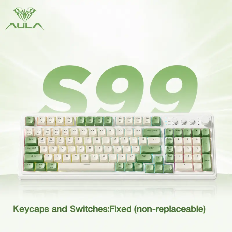 AULA S99 Multi-Device Wireless Gaming Keyboard, 2.4G / Bluetooth / USB-C Wired, Creamy Retro Lighted Keyboard with Media Knob & Number Pad for PC Laptop