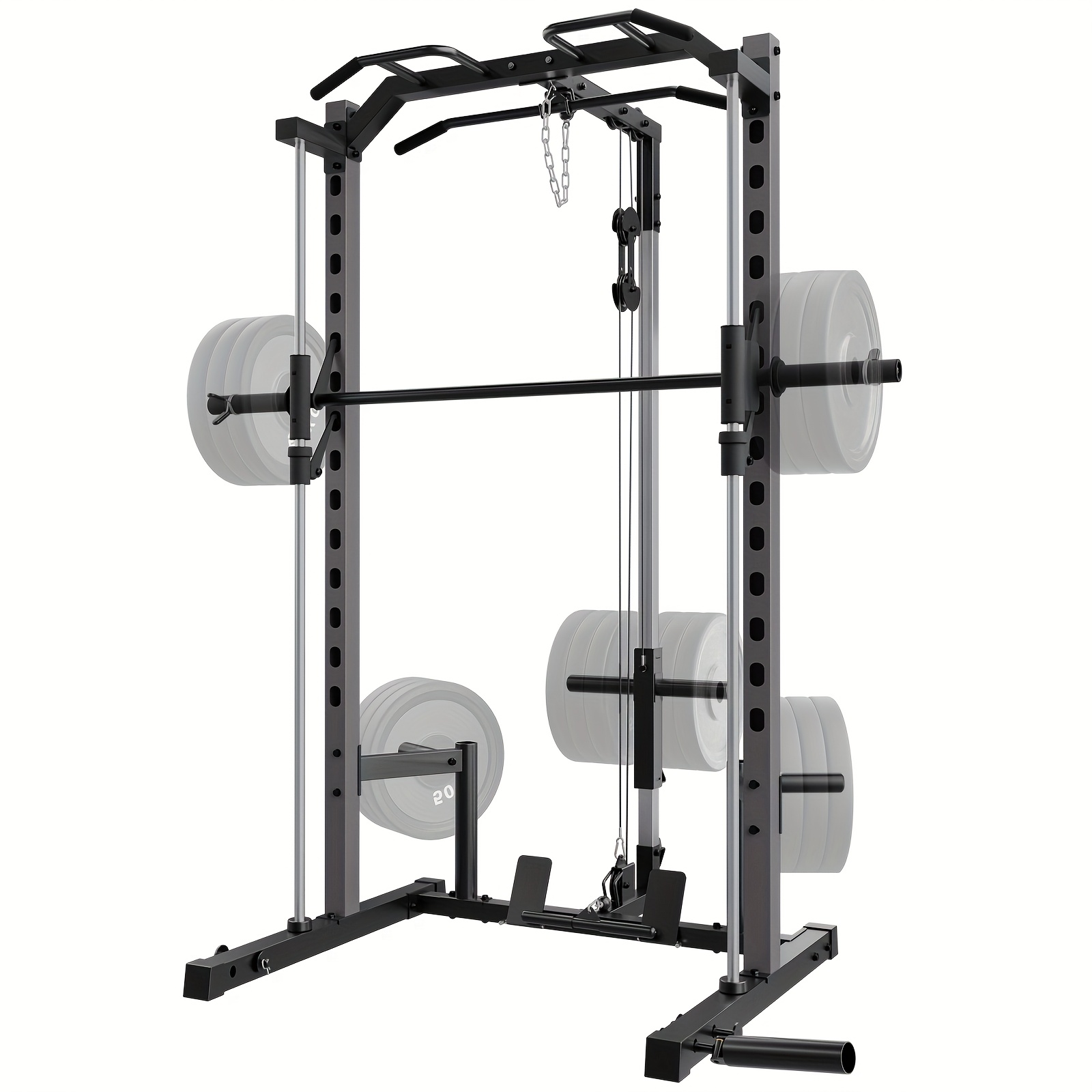 1400LBS Smith mobile fitness cage, with pull-down system and cable machine, a power rack suitable for home gyms, featuring a barbell rack, weight storage, and various training attachments, a multifunctional squat rack
