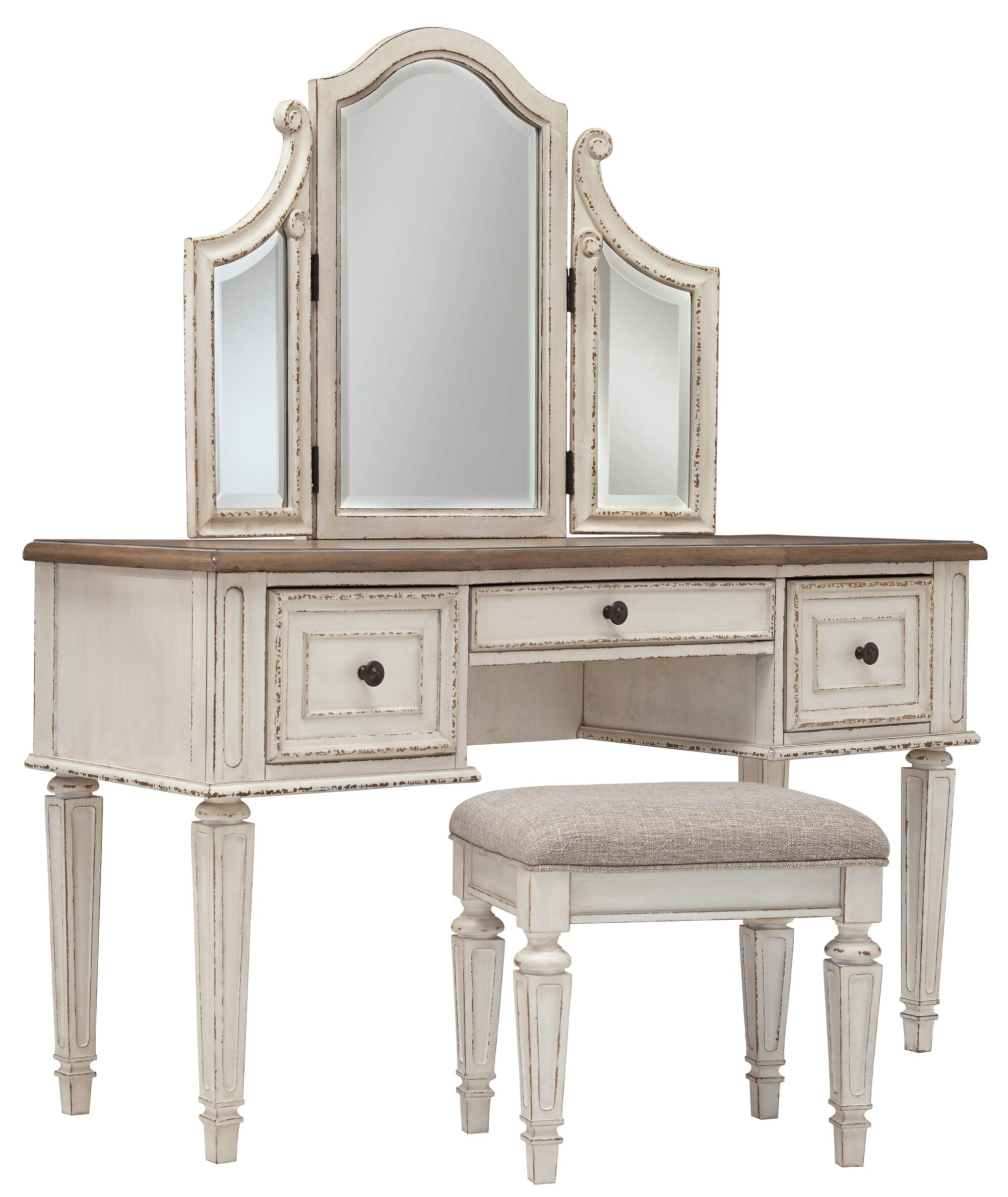 Traditional Cottage 3 Drawer Vanity Set with Dovetail Construction, Mirror & Stool Included