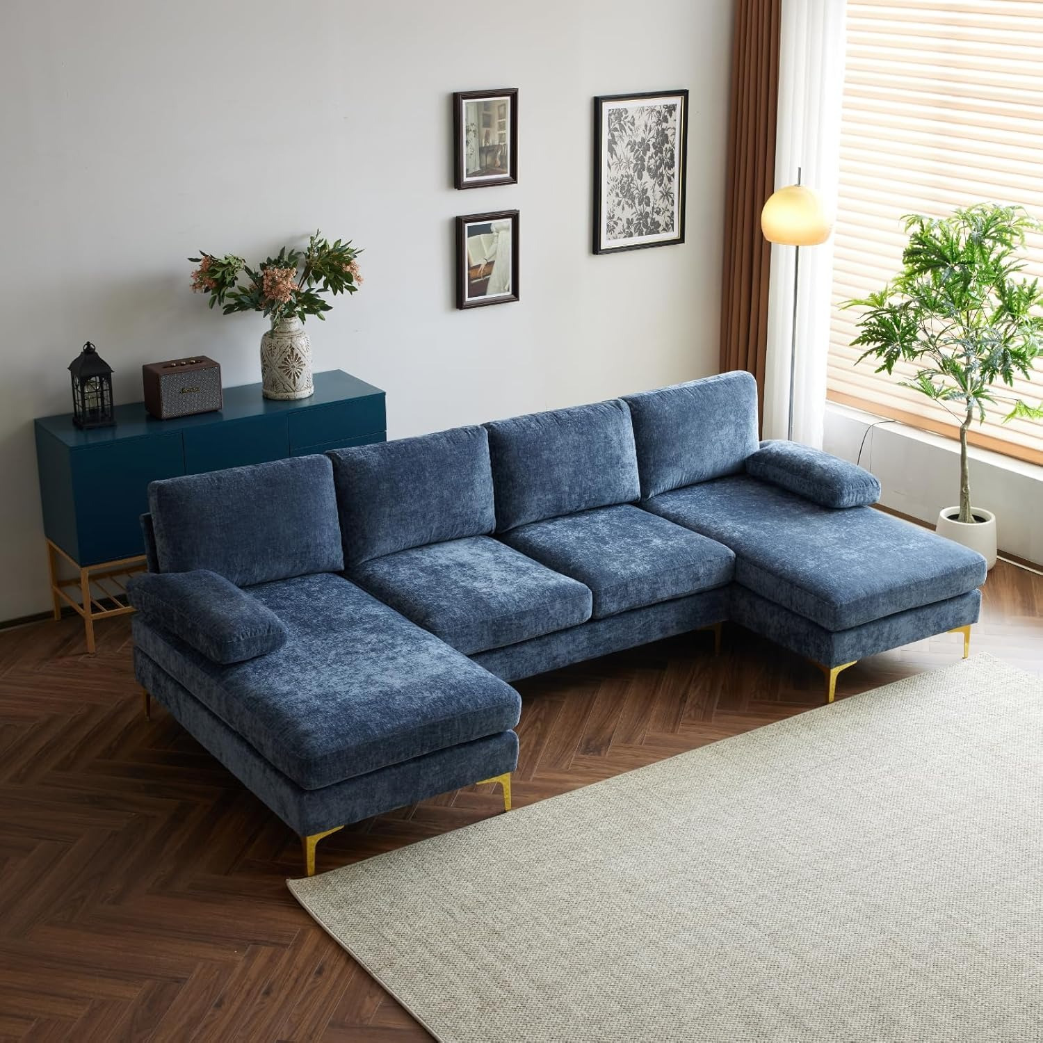 Convertible Sectional Sofa 110inch U-Shaped Sofa 4-Seater Sofa with Chaise Lounge Chenille Fabric Cushions Suitable for Living Room, Apartment, Office Gray-Blue