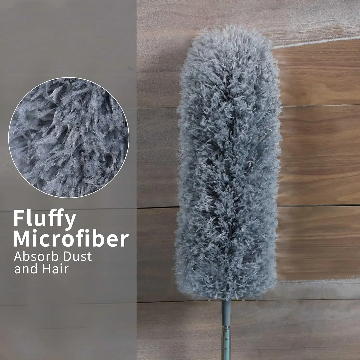 Extendable microfiber duster, equipped with 100inch extension rod, 3 washable duster replacement heads, 360-degree rotation° Flexible long-handled ceiling fan cleaning brush, with rubber cover, gray