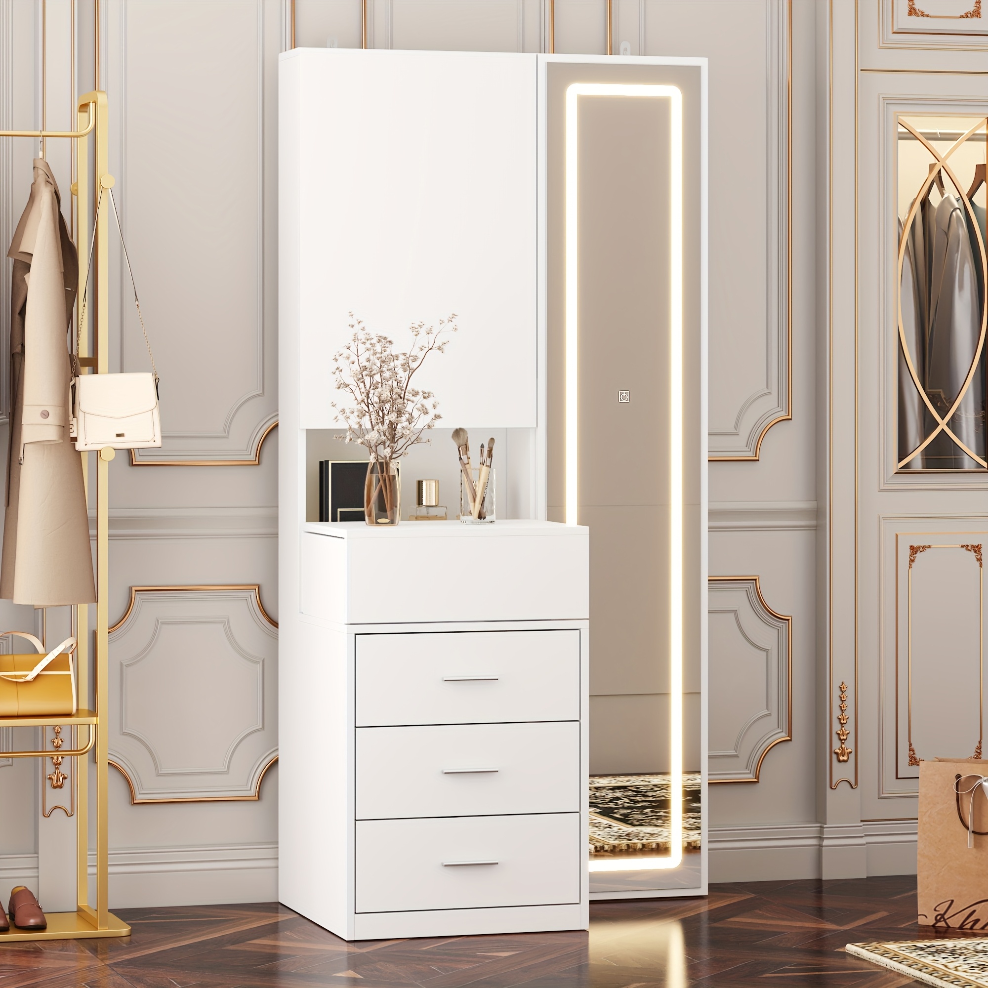 Modern dressing table with drawers and storage shelves, bedroom makeup vanity set with illuminated full-length mirror and sliding storage compartments, large space, stylish design, white