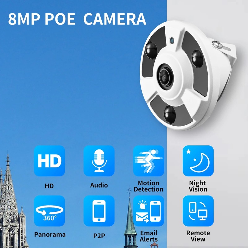 Gadinan 4K 8MP HD Night Vision Wired IP Camera 1.7mm Face Detection POE Audio 180 °   Panoramic CCTV Video Surveillance Camera XMEy