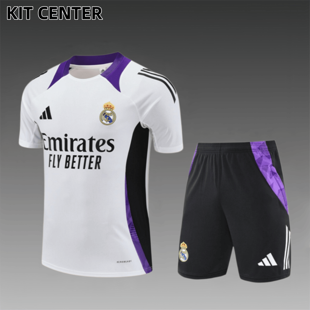 24/25 Real Madrid White paired with purple Short Sleeve Training Wear ( Adult kit Kids )