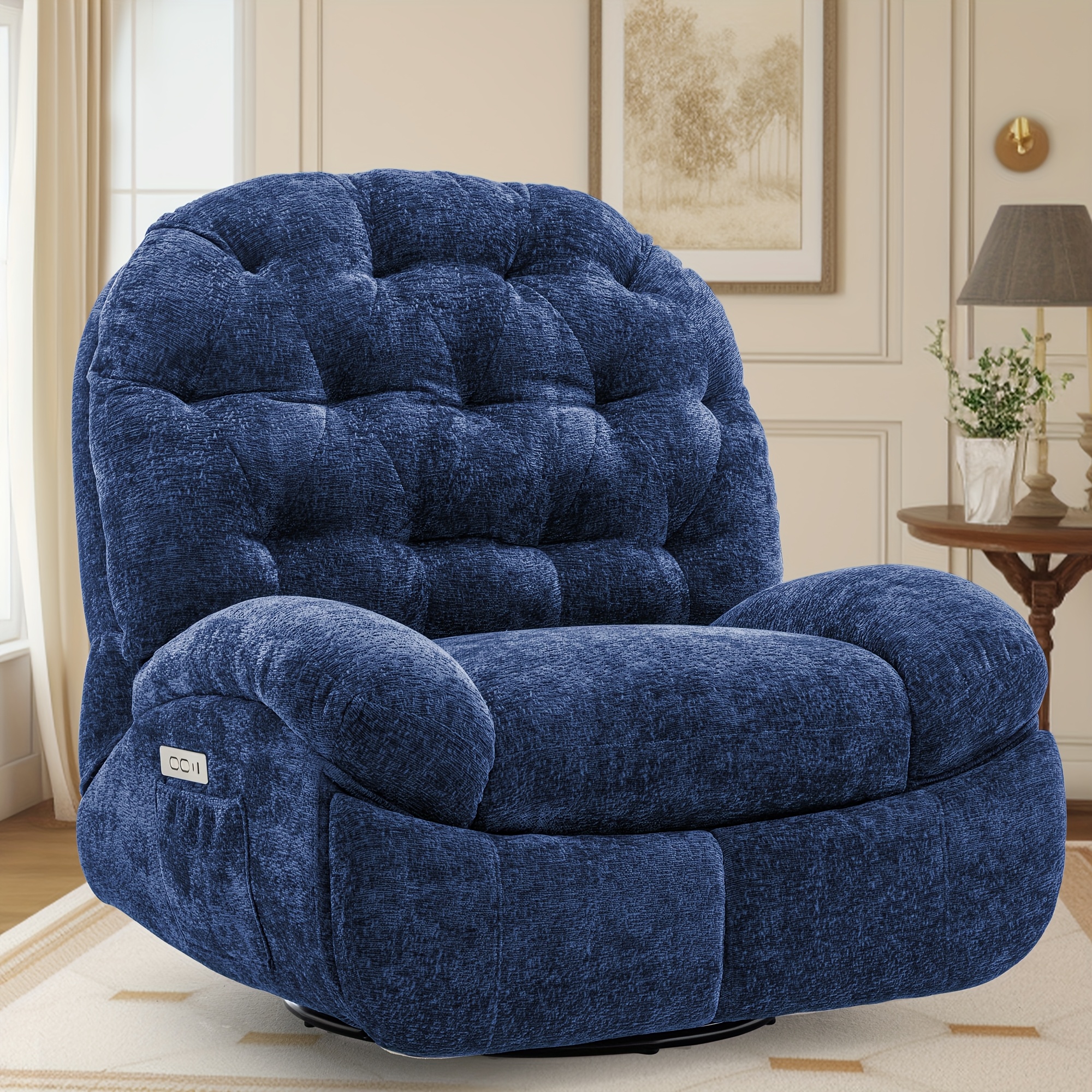 Large rotating recliner, adult electric rocking chair, electric recliner, comfortable soft shell recliner with USB port and storage space for the living room