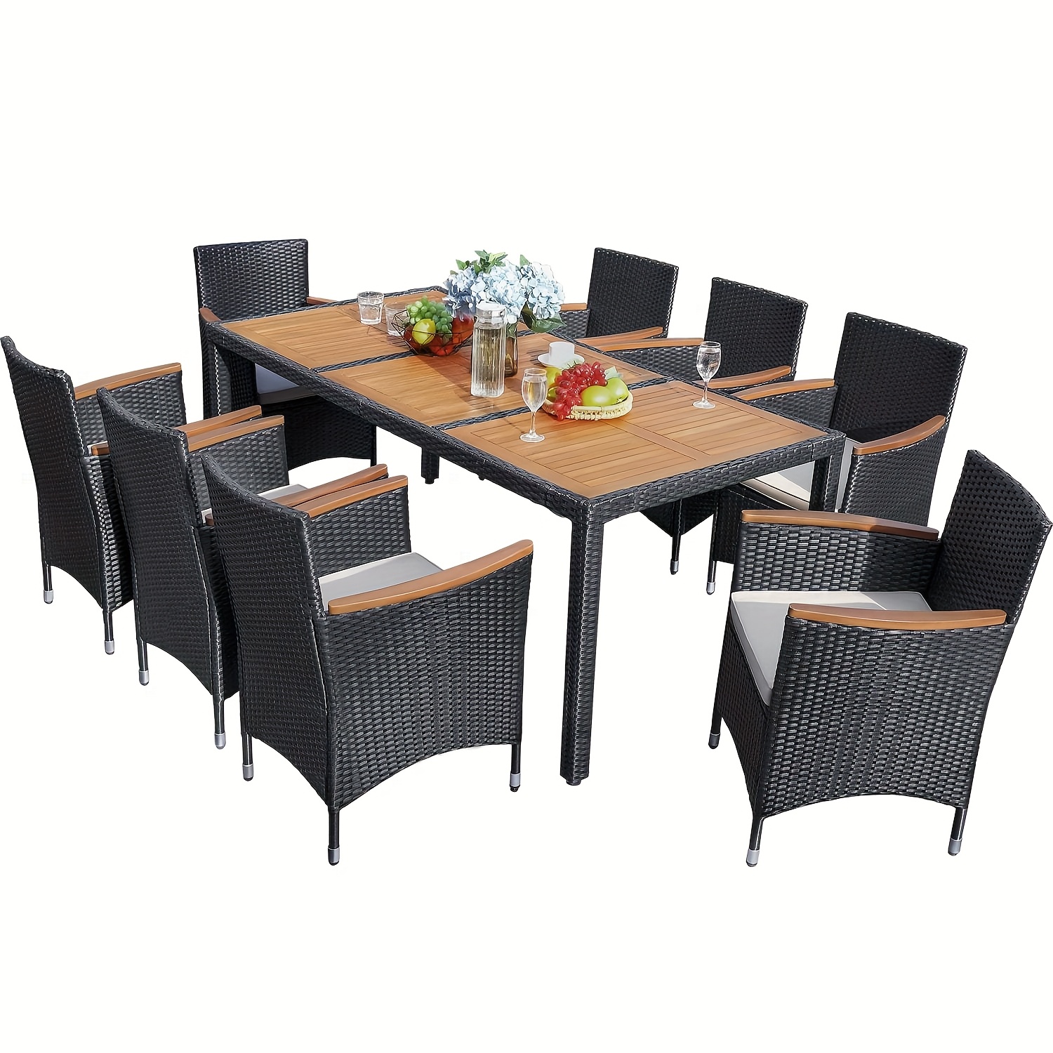 Patio furniture series, including a PE rattan chair and dining table set, with a table top made of Saka wood, and chairs featuring curved wooden armrests and cushions