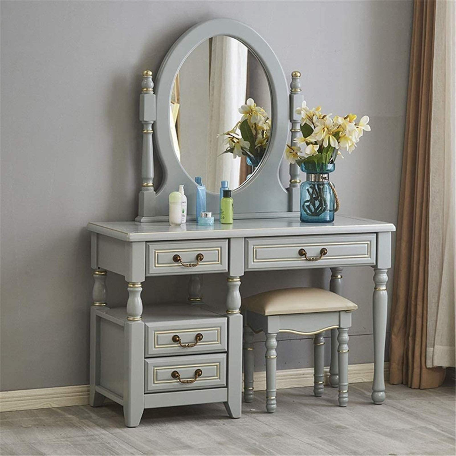 Dressing Table Bedroom Vanity Table Set, Makeup Table with Oval Mirror, Stool & 4 Drawers