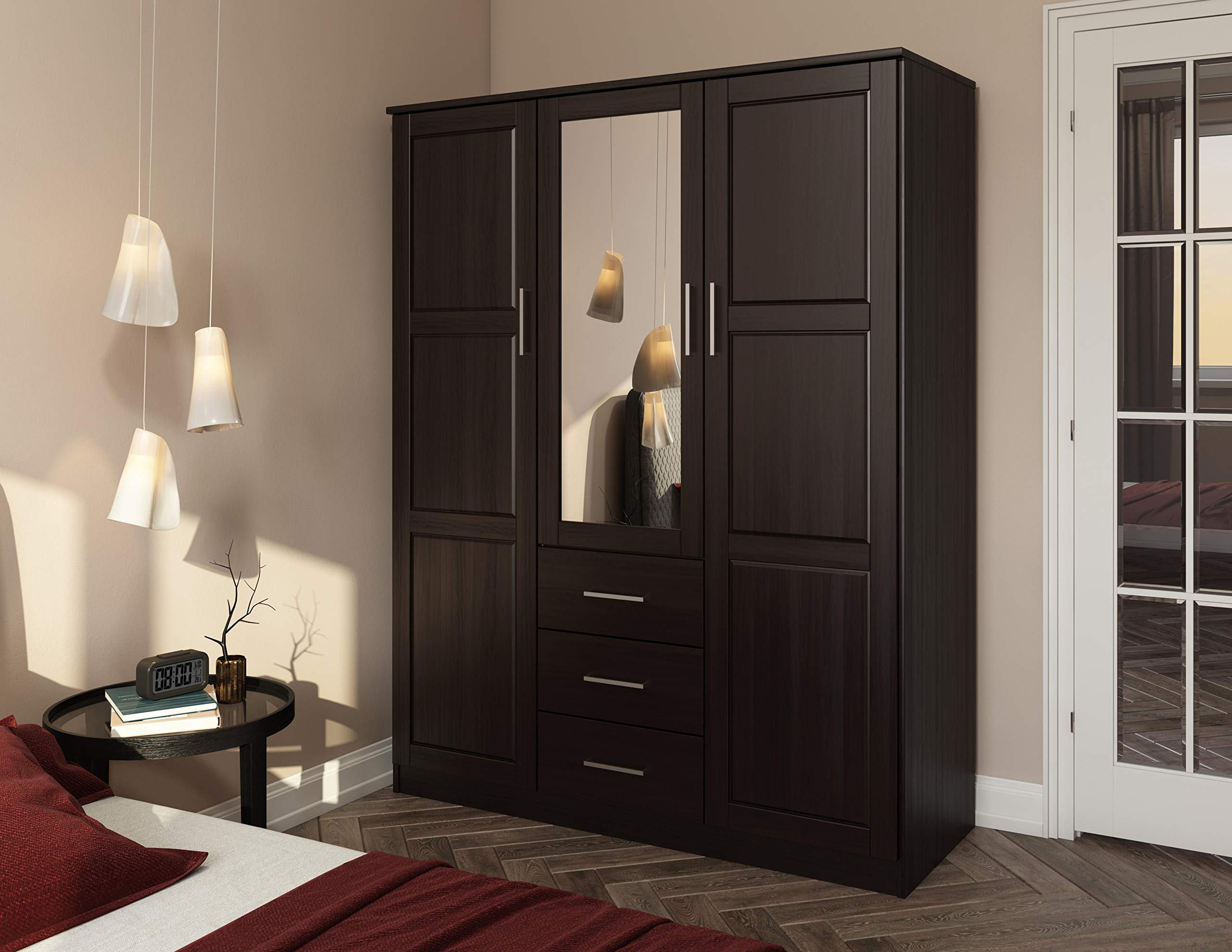 Cosmo Solid Wood 3-Door Wardrobe with Mirror and 3 Drawers, Java