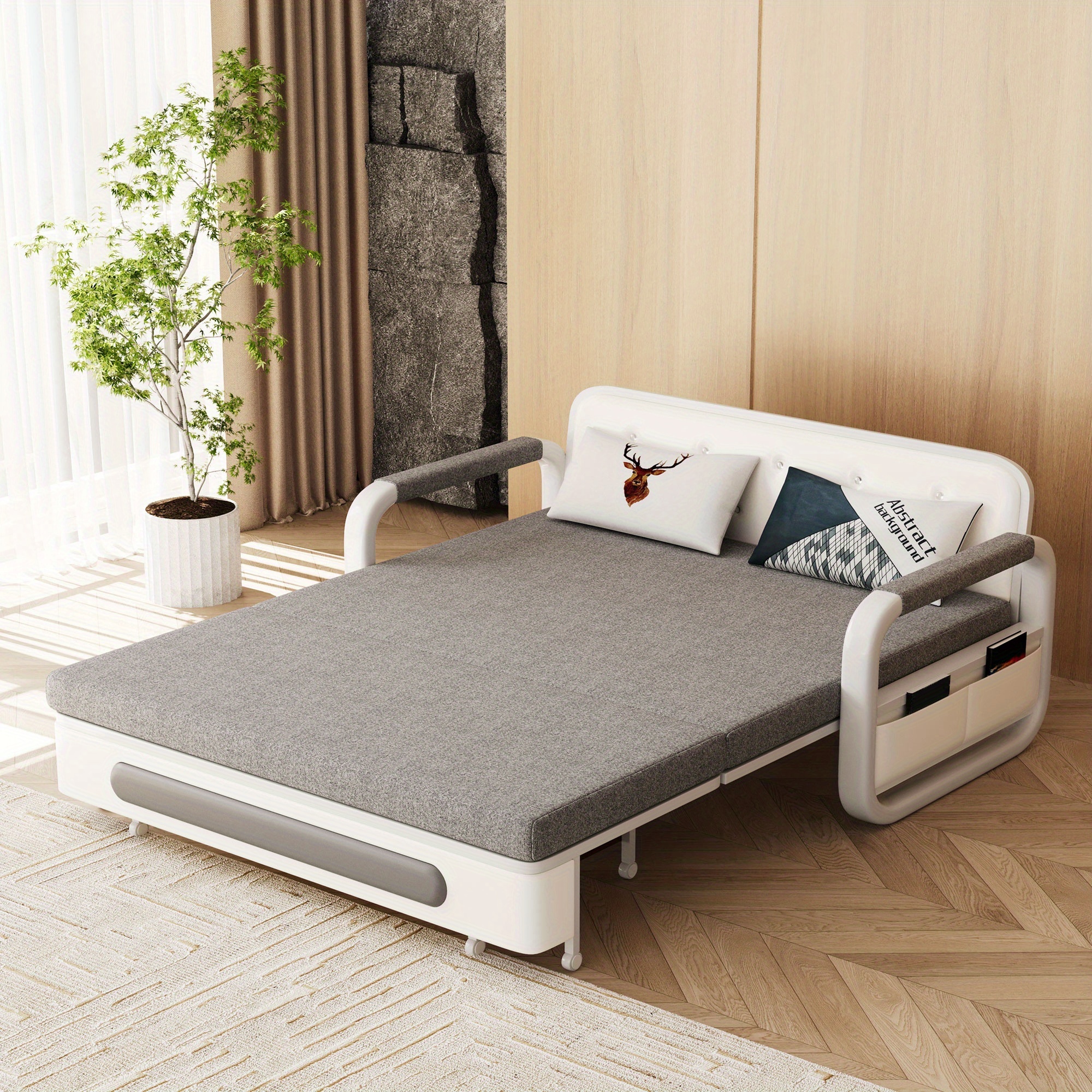 3-in-1 multifunctional sofa bed, with wooden storage cabinet, pull-out sleeper chair, home-use extendable double sofa, linen fabric two-seater bed, space-saving convertible futon for small apartments, suitable for living room or bedroom