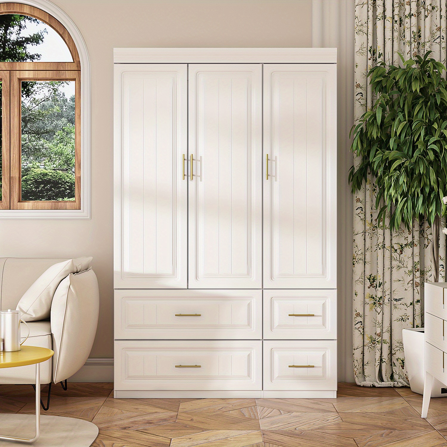 Elegant 3-door wardrobe with 4 drawers and storage shelves, featuring cabinet doors and a hanging rod, modern tall wardrobe suitable for the bedroom, white