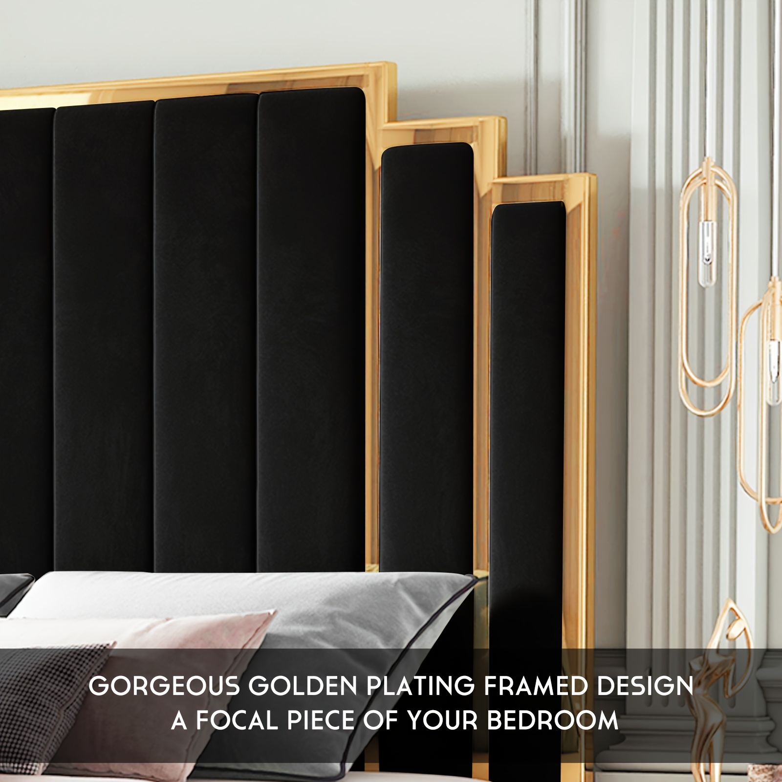 Velvet-trimmed platform bed frame, available in 61.4inch or 65-inch sizes, features a gold rolled-edge headboard and wooden bed slats, no mattress required.