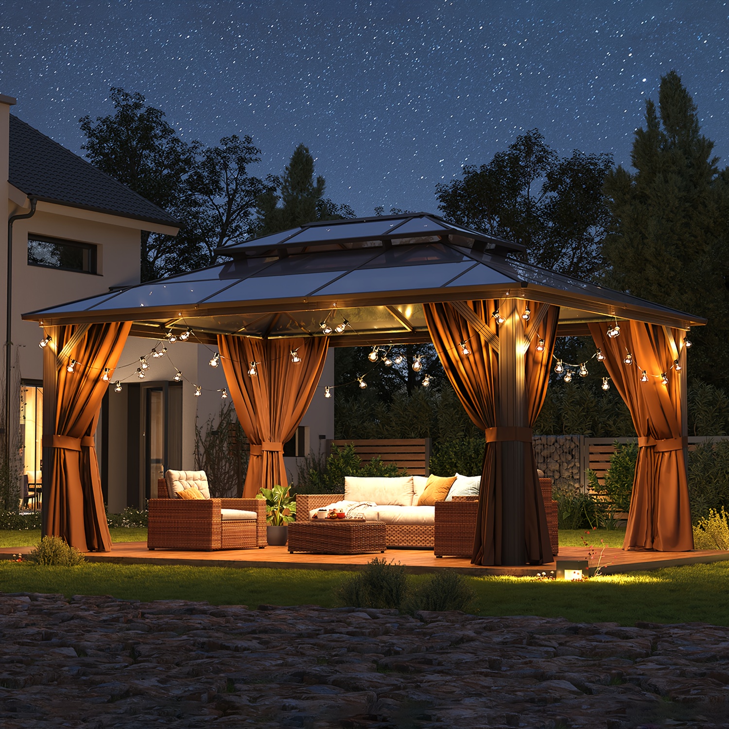 Outdoor polycarbonate gazebo, hard-top gazebo clearance sale, heavy-duty double-roof hard-top gazebo with aluminum frame, mesh, and patio curtains