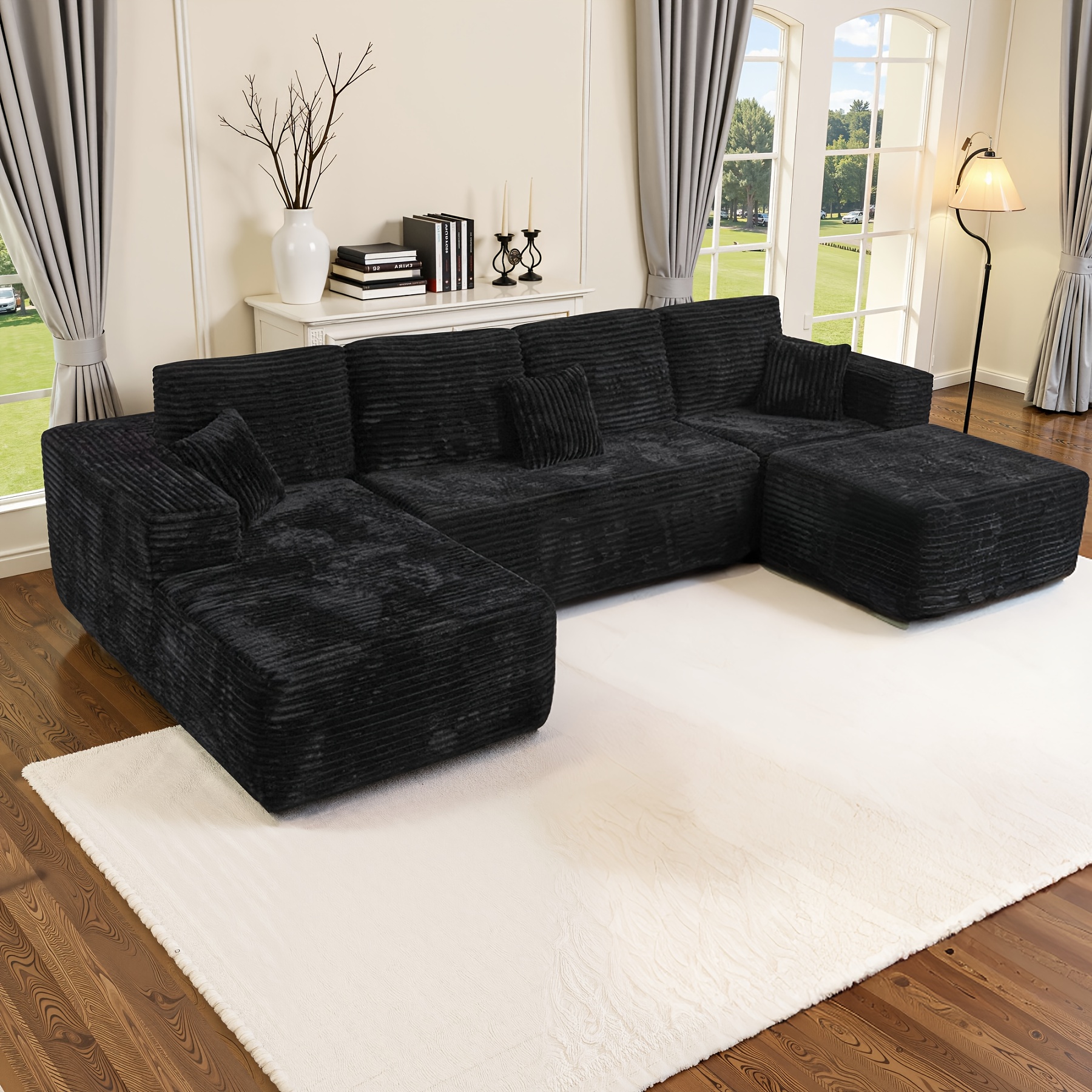 U-shaped cloud sofa for living room use, frameless black cloud sofa requires no assembly, plush corduroy extra-large floor sofa set, with deep-seated lounge chair, suitable for game and entertainment room furniture