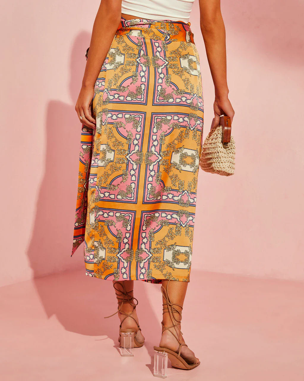 Manique Satin Printed Side Tie Midi Skirt