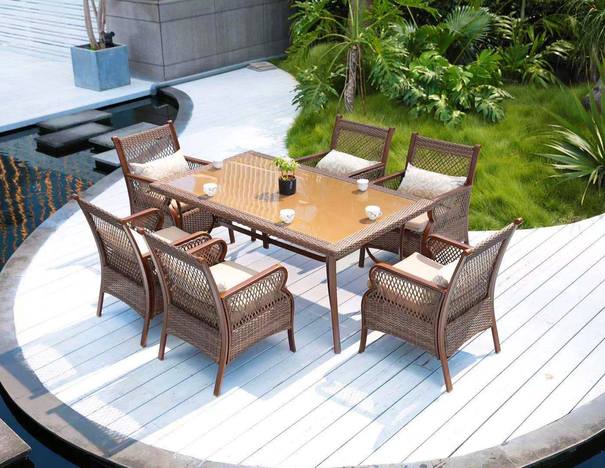 Patio Dining Set Outdoor Wicker Patio Furniture Sets Rectangular Tempered Glass Top Dining Table