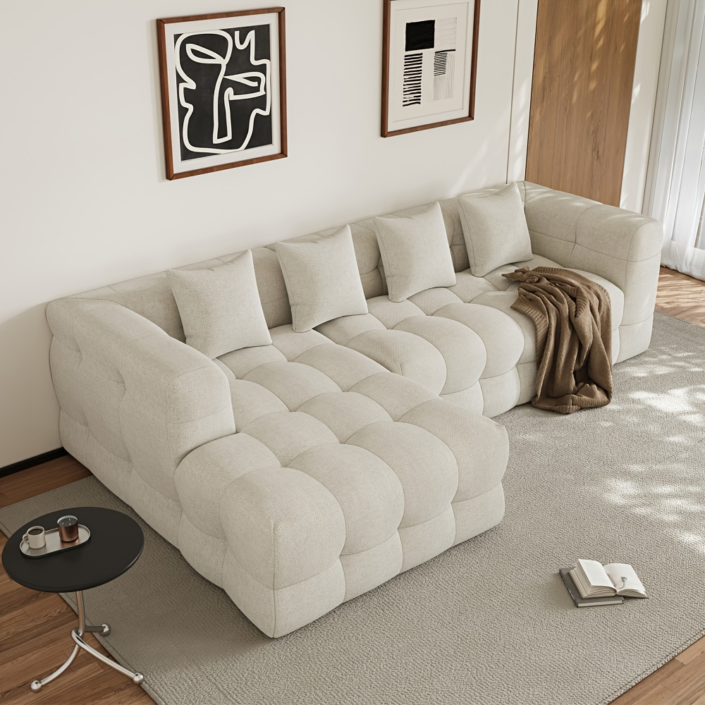 Modern 120inch L-shaped deep-seated suede sofa, modular sectional sofa with left and right-facing chaise lounge, comes with 4 throw pillows, suitable for the living room