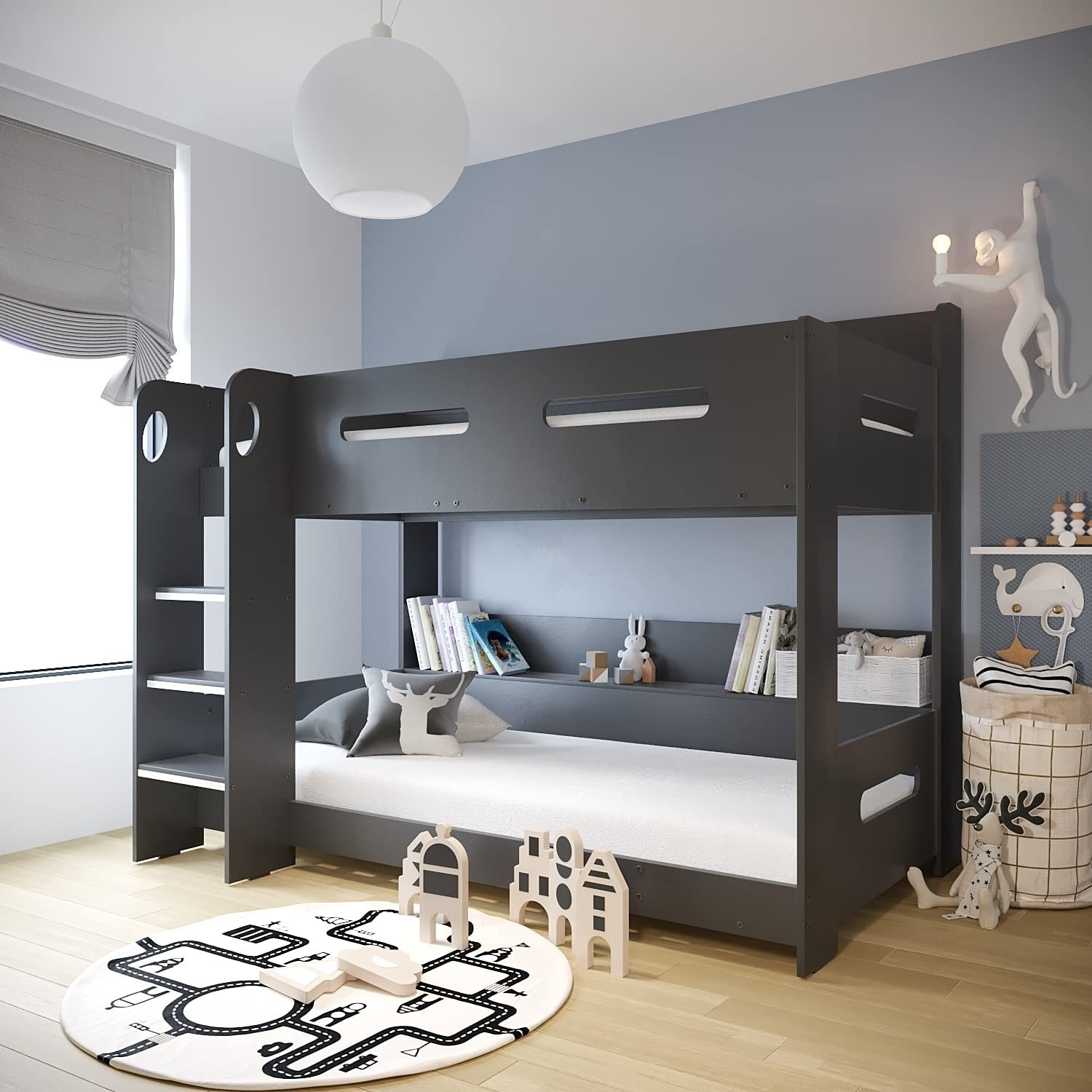 Dark Grey Bunk Bed with Storage Shelves - Ladder Can Be Fitted Either Side