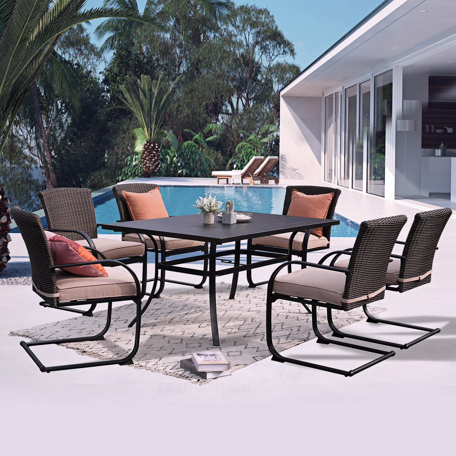 Outdoor 7 Pcs Dining Table Set, Modern Woodgrain-Look Metal Table & Wicker Chairs for 6