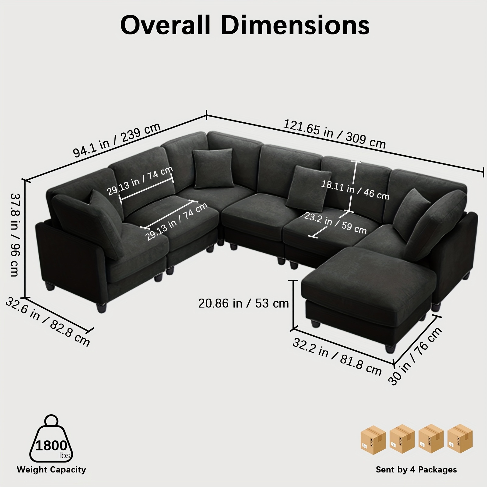 121inch Extra-large modular soft-pack sofa, chenille fabric, with removable footrest, cloud sofa, can be freely converted into L/U shape and sofa bed, suitable for living room, black/beige