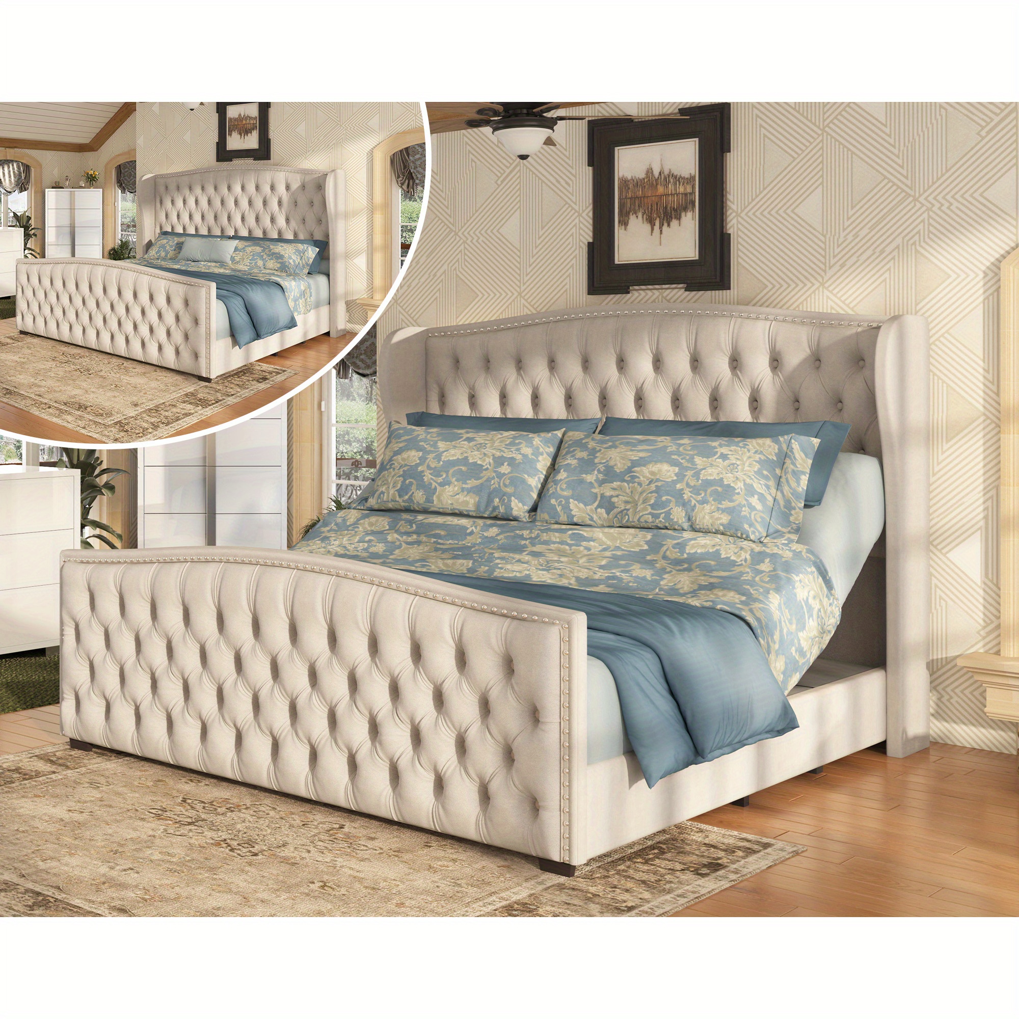 LUXOAK 51inch High-Adjustable Bed Frame, with velvet upholstery and deep-embossed headboard, dual-motor wingback bed with rivet decoration, no box spring required