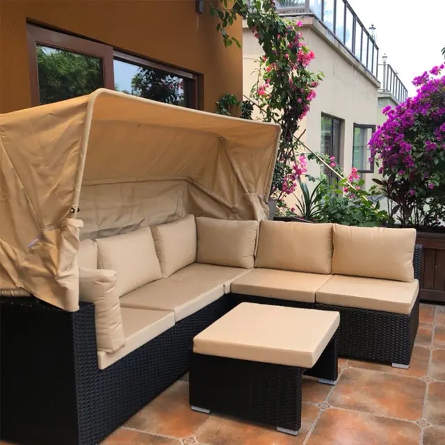 Outdoor rattan sofa courtyard open-air canopy shade waterproof bed coffee table rattan furnitur