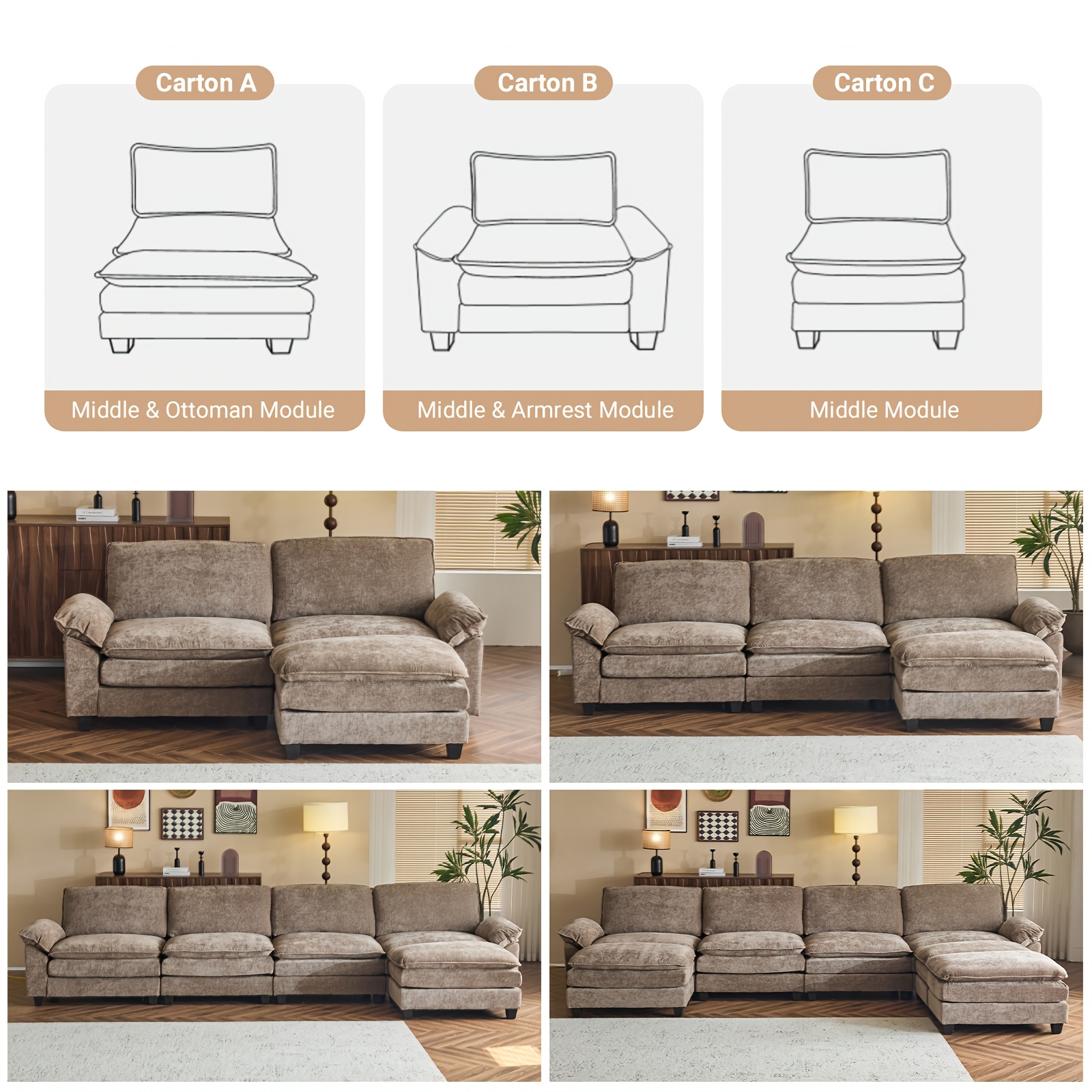 Double-layer modular sofa in chenille teddy velvet