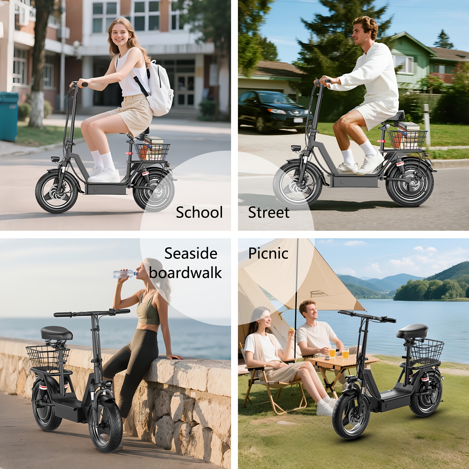 Electric scooter with seat, 25-mile long range and a top speed of 19.9 mph, 14inch inflatable tires, height-adjustable seat and handlebars, dual suspension commuter scooter with basket