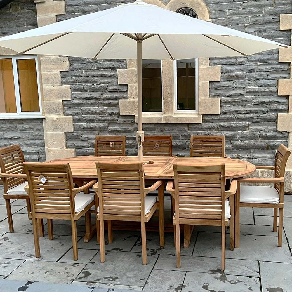 【BS】Teak Garden Furniture Set, Garden Table & 8 Chairs, Wooden Garden Furniture Set with Parasol