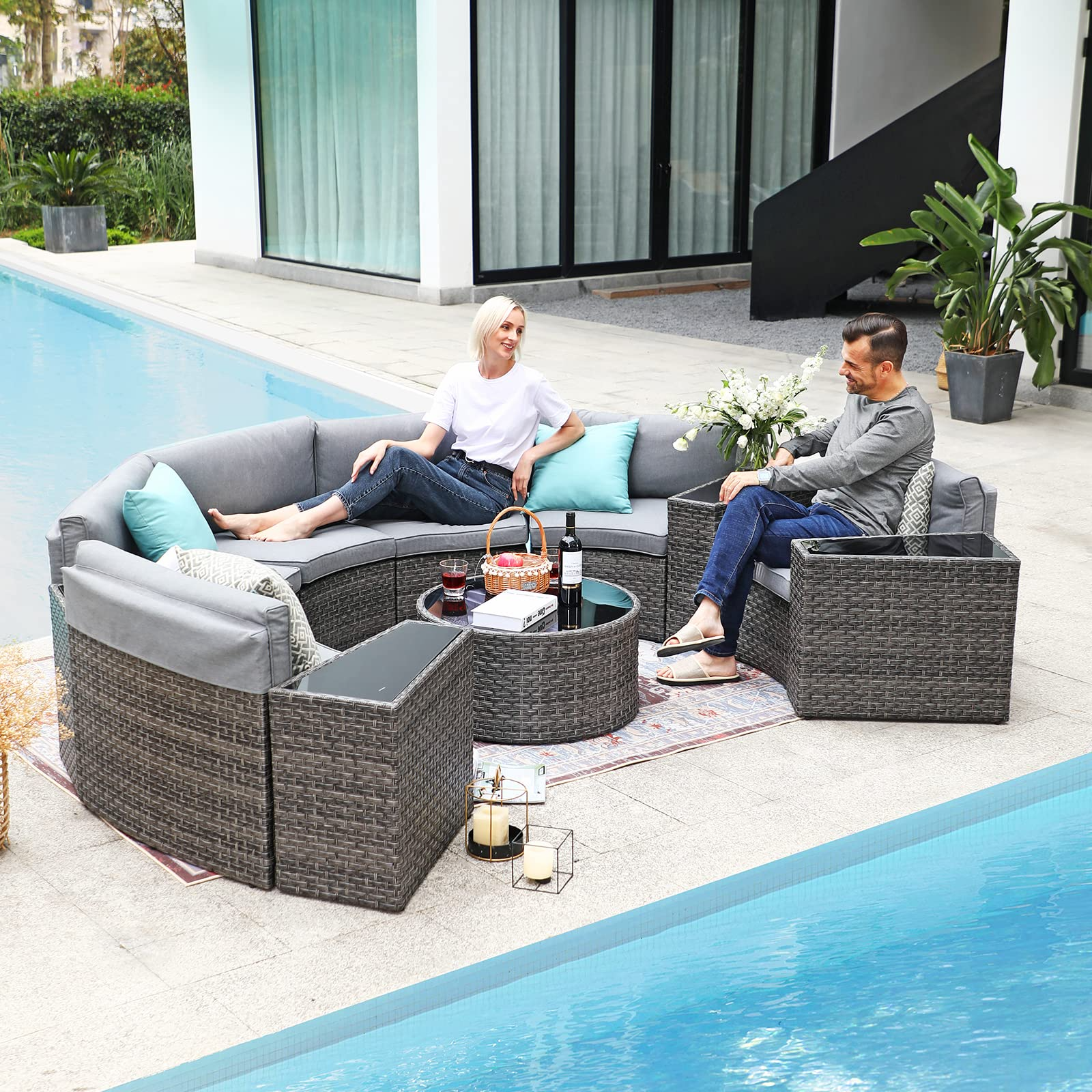 Outdoor Patio Furniture 11-Piece Half-Moon Sectional Round Patio Furniture Set