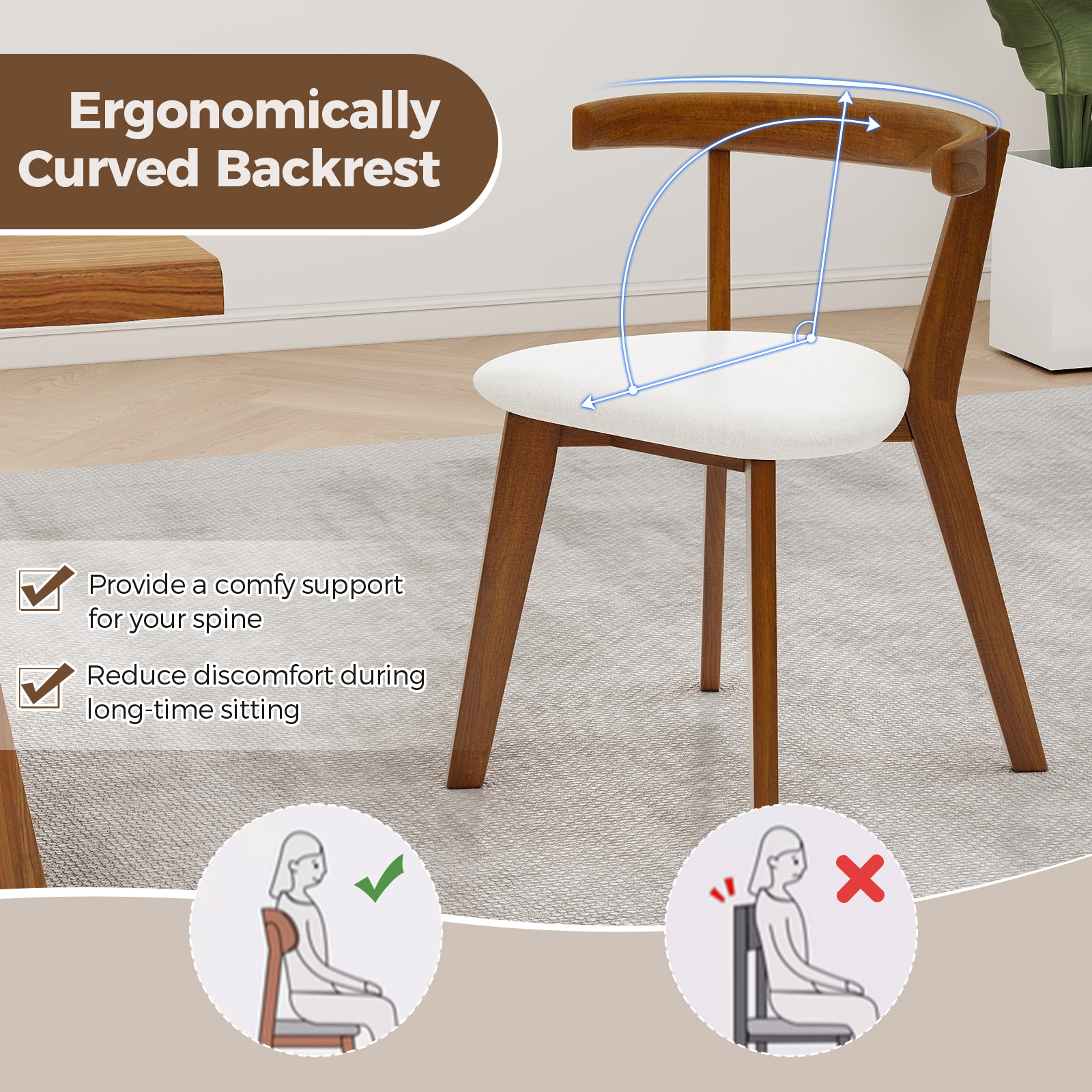 Multifunctional Wooden Dining Chair Set (2/4 pieces) - Space-saving hanging cushioned seat with curved backrest, armless rustic style living room dining chair