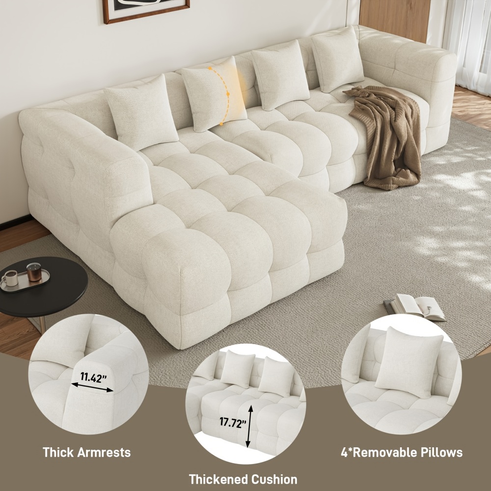 Modern 120inch L-shaped deep-seated suede sofa, modular sectional sofa with left and right-facing chaise lounge, comes with 4 throw pillows, suitable for the living room