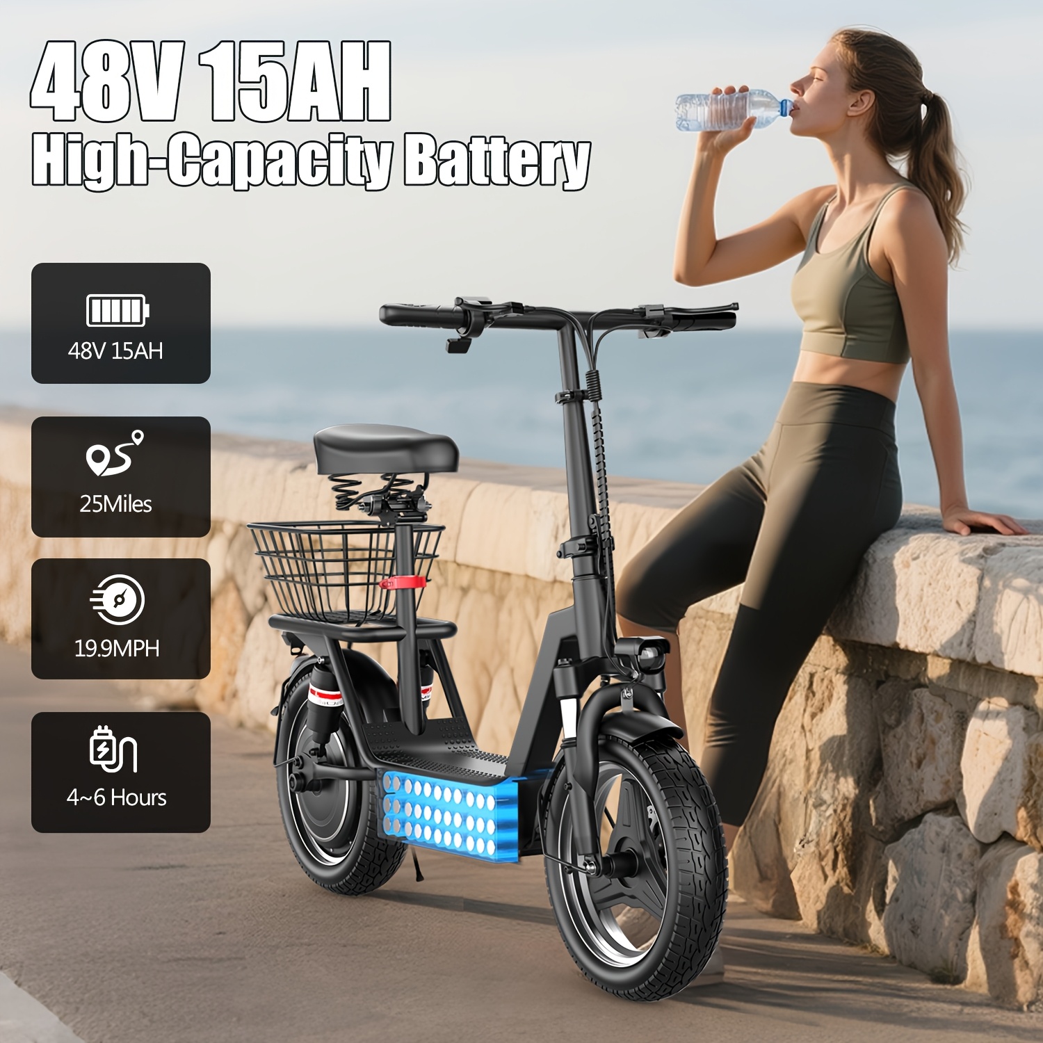 Electric scooter with seat, 25-mile long range and a top speed of 19.9 mph, 14inch inflatable tires, height-adjustable seat and handlebars, dual suspension commuter scooter with basket