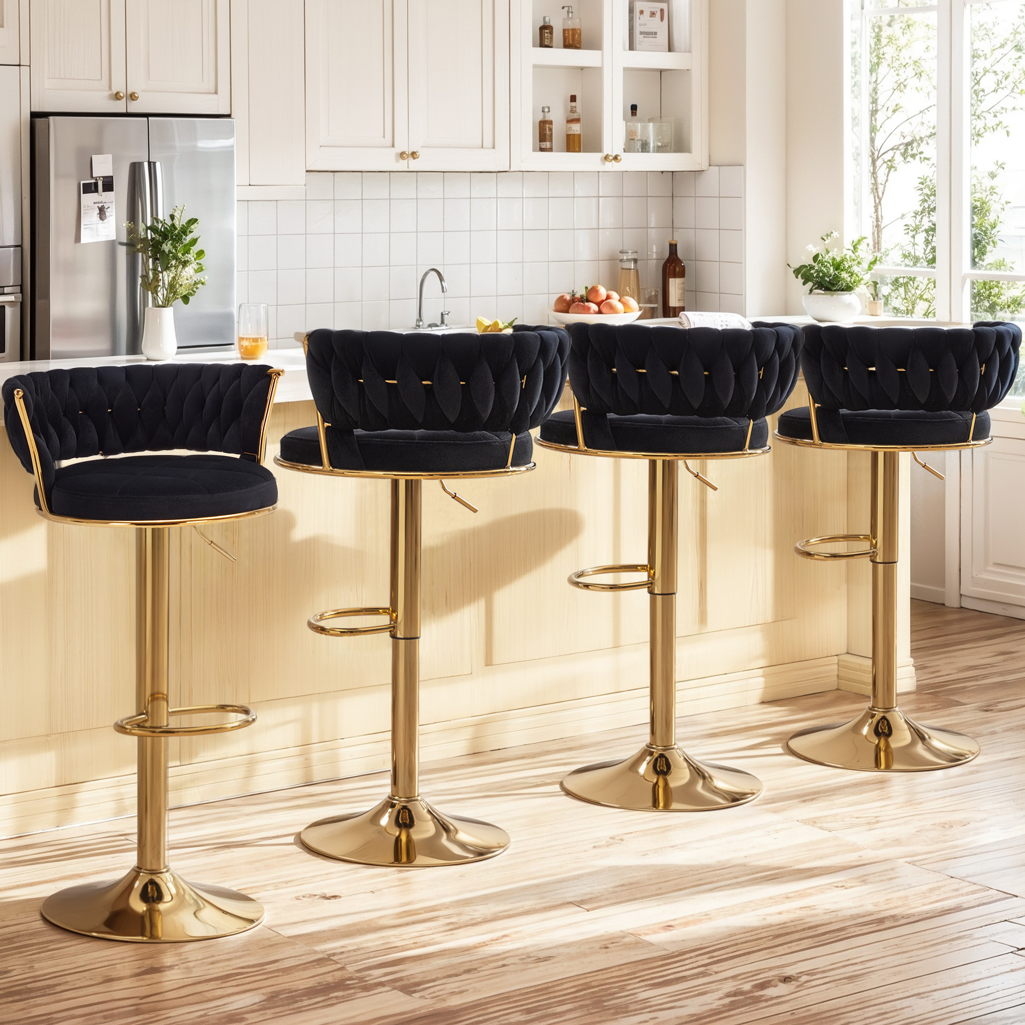 VECELO 360°Set of 4 swivel bar chairs, height-adjustable counter high chairs with back and arms, suede fabric kitchen island chairs