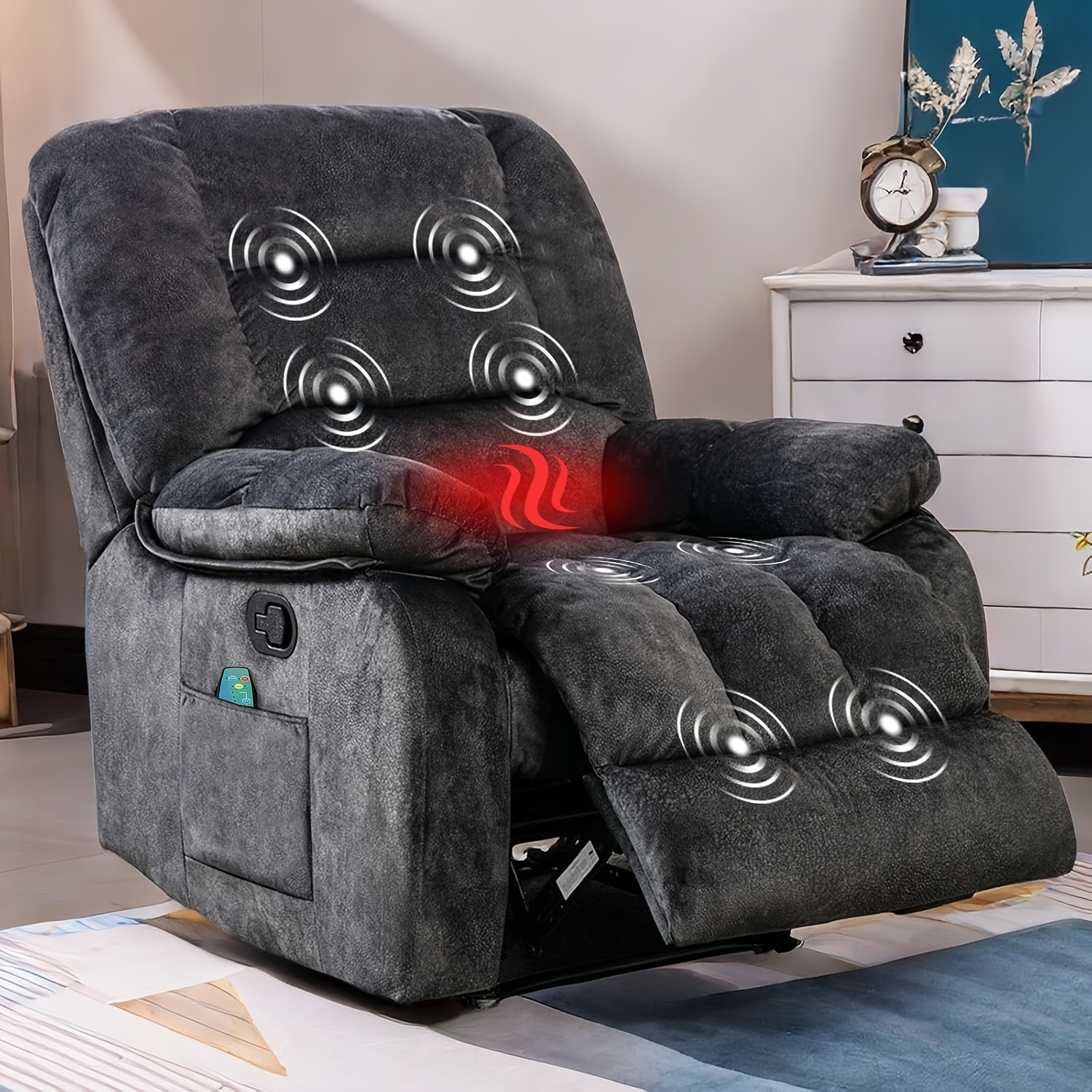 Extra-large manual massage recliner, designed for seniors and adults, featuring thickened fabric, heating and vibration functions, USB port, remote control, and thickened soft cushion seat, suitable for the living room