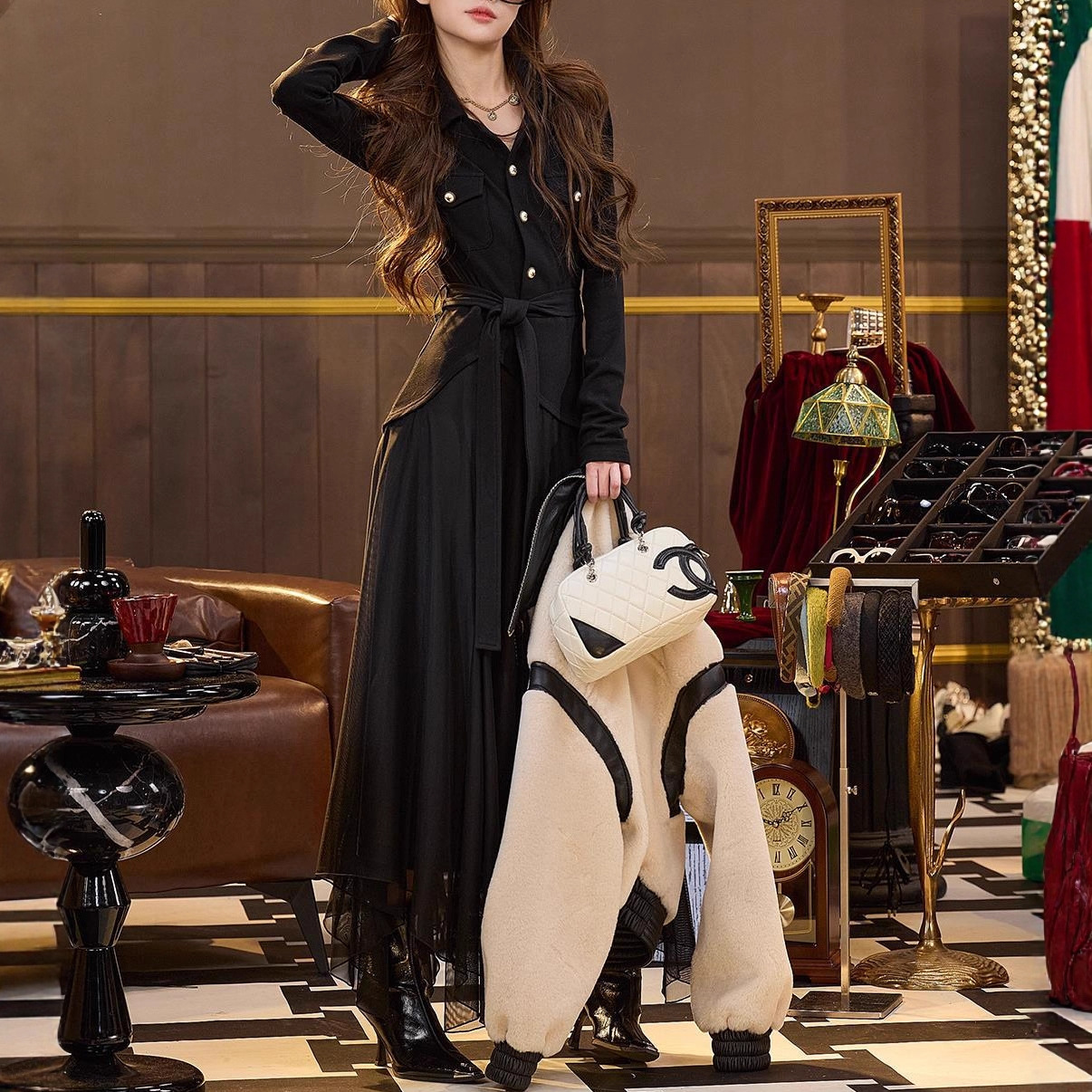 Elegant Black Chiffon Belted Maxi Dress