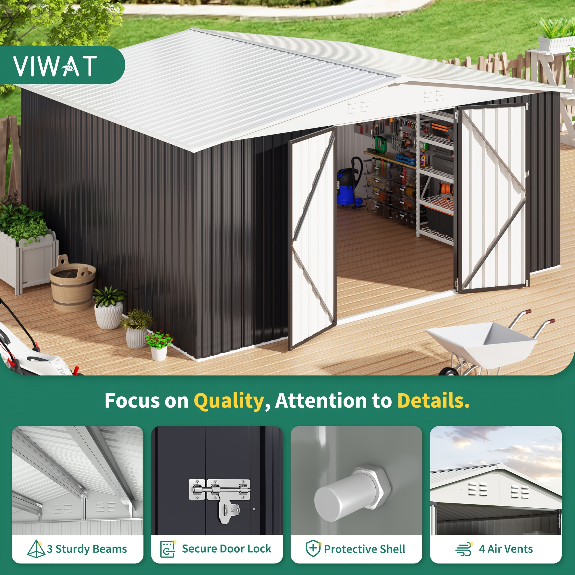 12X14 feet outdoor metal storage shed| Durable frame, lockable French doors, extra-large height design, perfect for garden, backyard, patio, tool storage, white roof, a gift for boyfriend or husband - Viwat brand