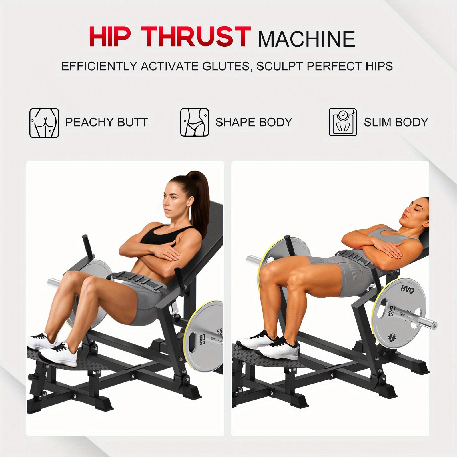 880LBS Plate Loaded Hip Bridge Machine, powerful hip thrust machine, designed for shaping the gluteal muscles, equipped with adjustable foot plates and weight rack