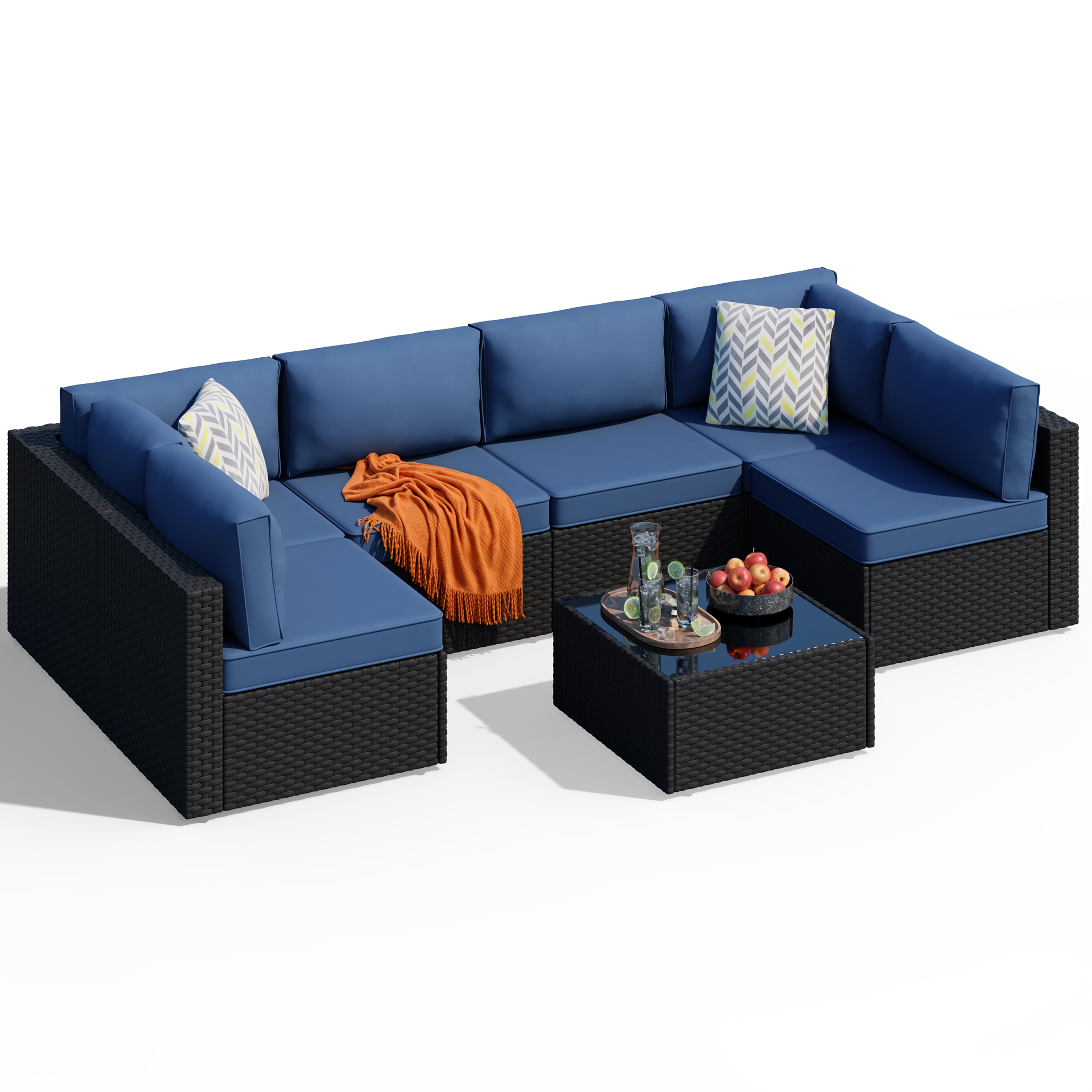 7-piece JAMFLY outdoor patio furniture set| Rattan and wicker coffee table conversation set, colorful