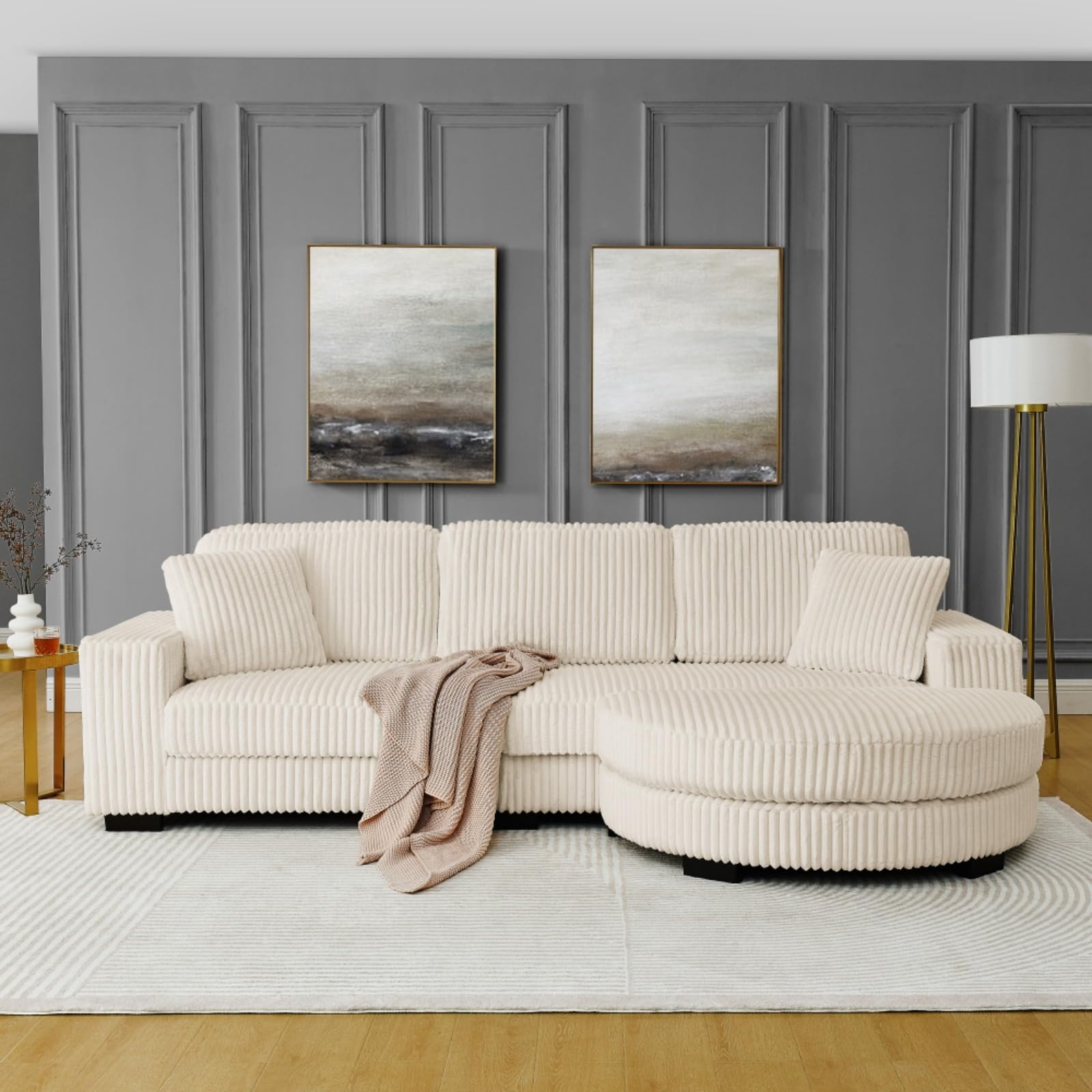 110inch Extra-large modular sectional sofa with fluffy corduroy cushions, deep-seated cloud sofa, convertible lounge sofa, featuring an arched footrest and 2 foldable pillows, suitable for home apartment living room sets